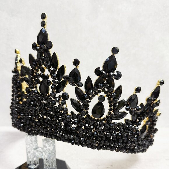 Luxury Black Crystal Crown, Gothic Queen Headdress, Prom Tiara, Gold Crown main image 8
